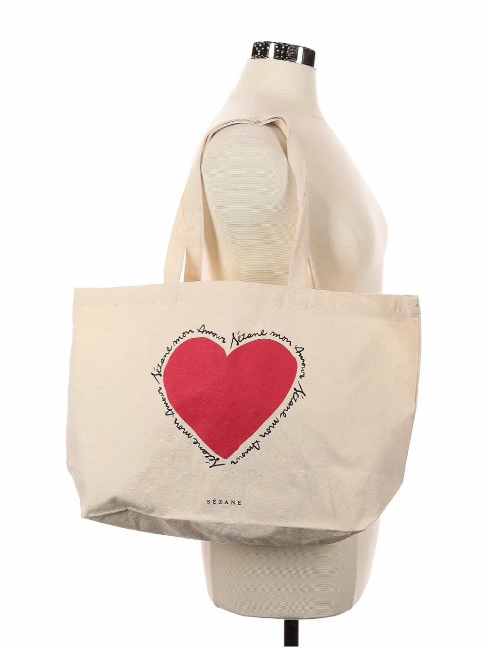 Sezane Cream Canvas Tote with Red Heart Motif